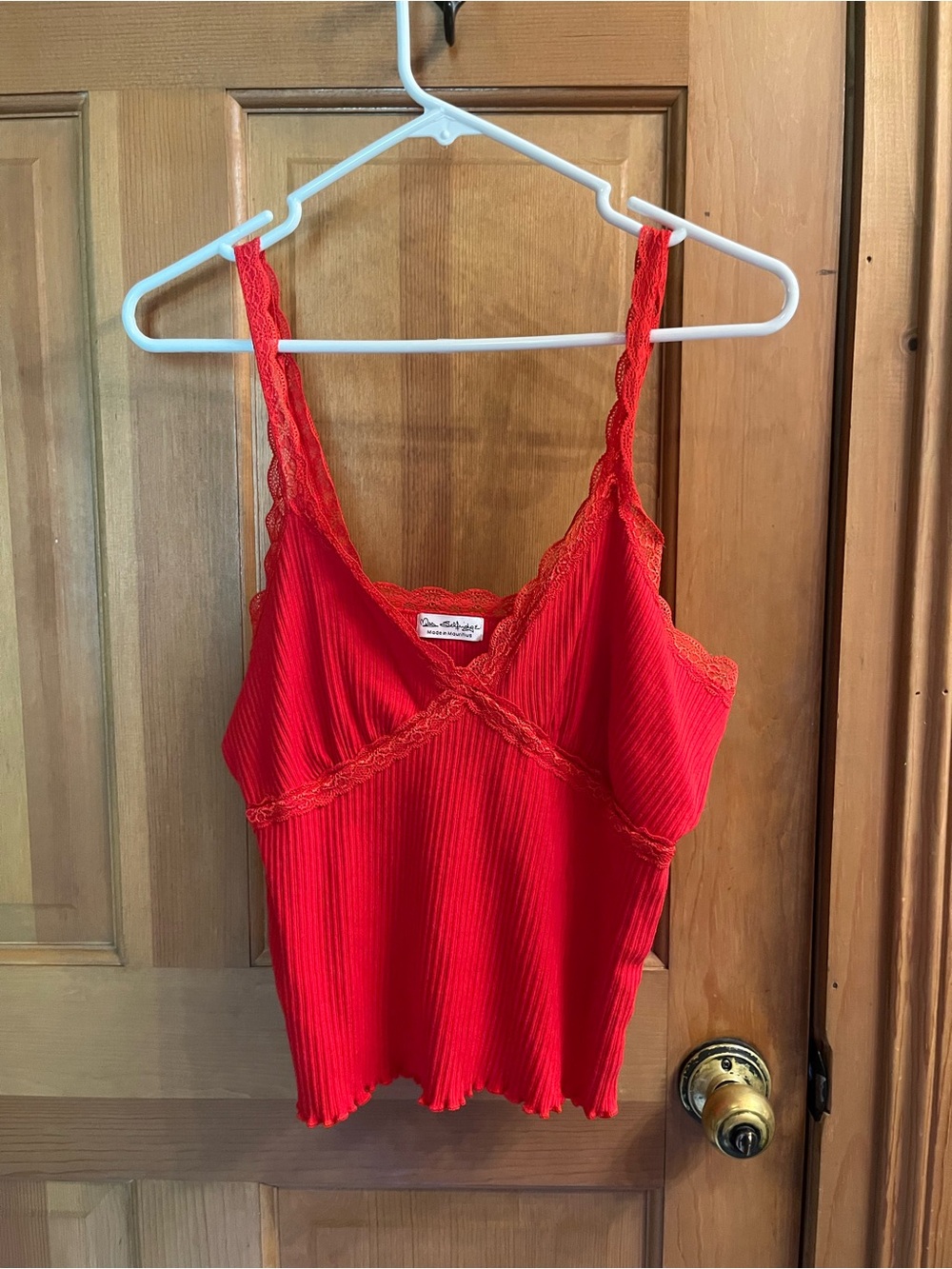 Miss Selfridge Red Ribbed Lace-Trim Cami